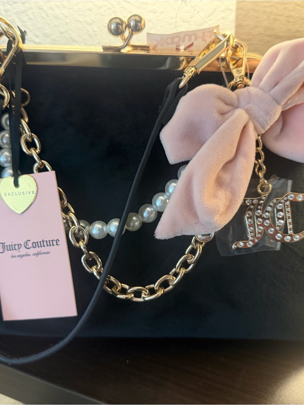 Juicy Couture Black Velvet Satchel with Pink Bow and Gold Hardware